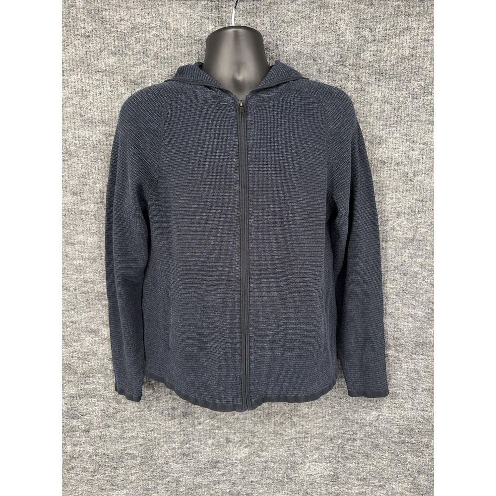 Theory Sweater Mens Large Blue Full Zip Hooded Cotton Waffle Knit Casual